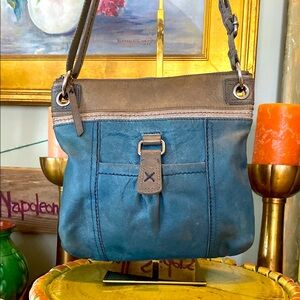 The Sak Kendra Leather Crossbody Shoulder Bag Teal Blue Gray